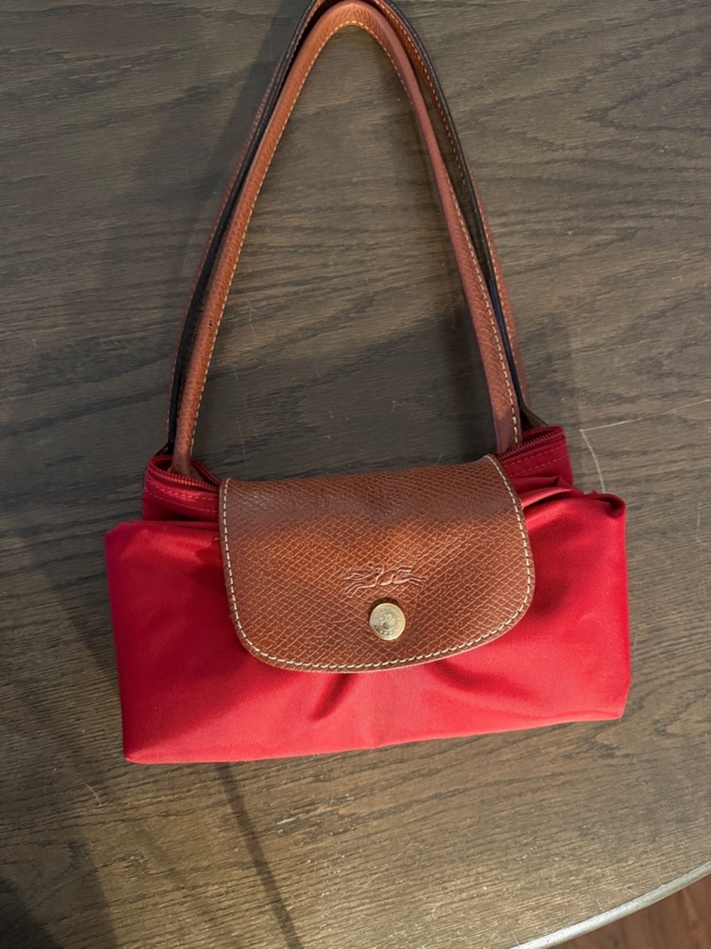 Longchamp LE PLIAGE Red Nylon Shoulder Bag with Brown Leather Flap